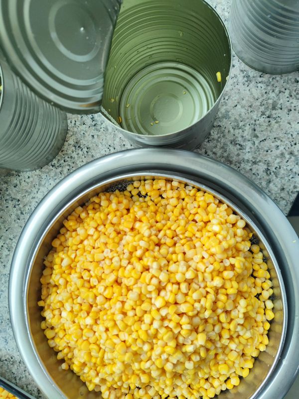 ذرت شیرین مزه‌دار شده در قوطی، تهیه شده از مواد تازه برای غذاهای مزه‌دار